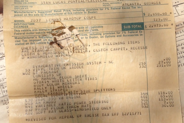 Pontiac GT MSRP sheet